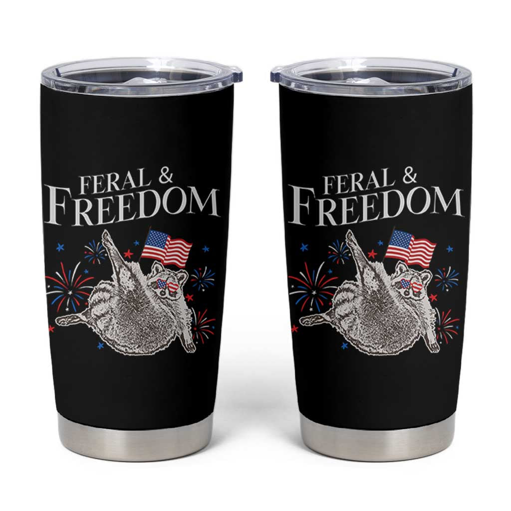 Funny Feral And Free Tumbler Cup 4th of July Patriotic Raccoon With American Flag - Wonder Print Shop