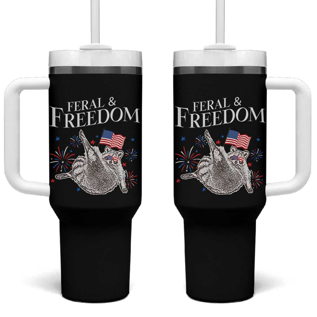 Funny Feral And Free Tumbler With Handle 4th of July Patriotic Raccoon With American Flag - Wonder Print Shop