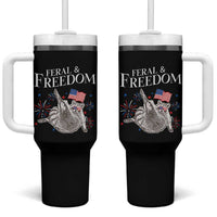 Funny Feral And Free Tumbler With Handle 4th of July Patriotic Raccoon With American Flag - Wonder Print Shop