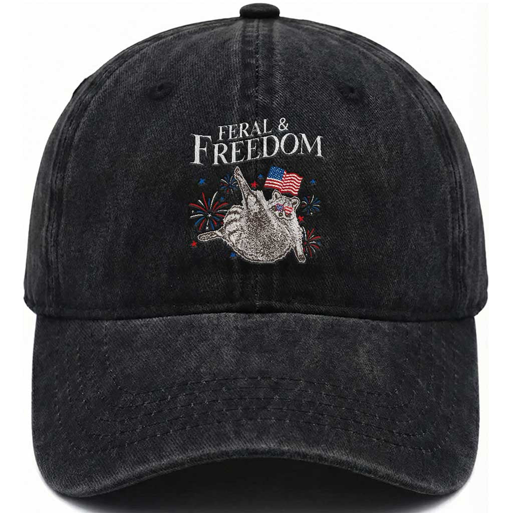 Funny Feral And Free Washed Cotton Baseball Cap 4th of July Patriotic Raccoon With American Flag