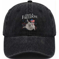 Funny Feral And Free Washed Cotton Baseball Cap 4th of July Patriotic Raccoon With American Flag