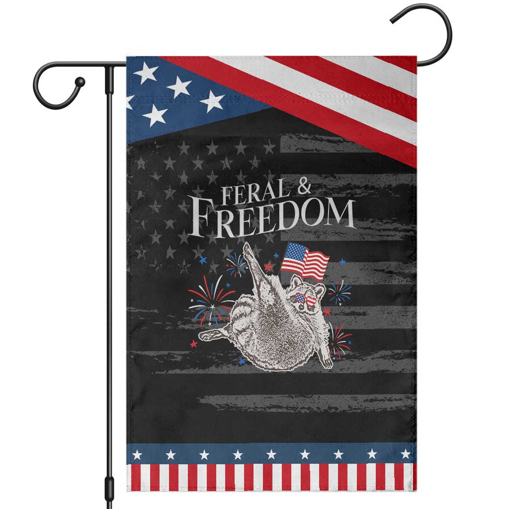 Funny Feral And Free Garden Flag 4th of July Patriotic Raccoon With American Flag
