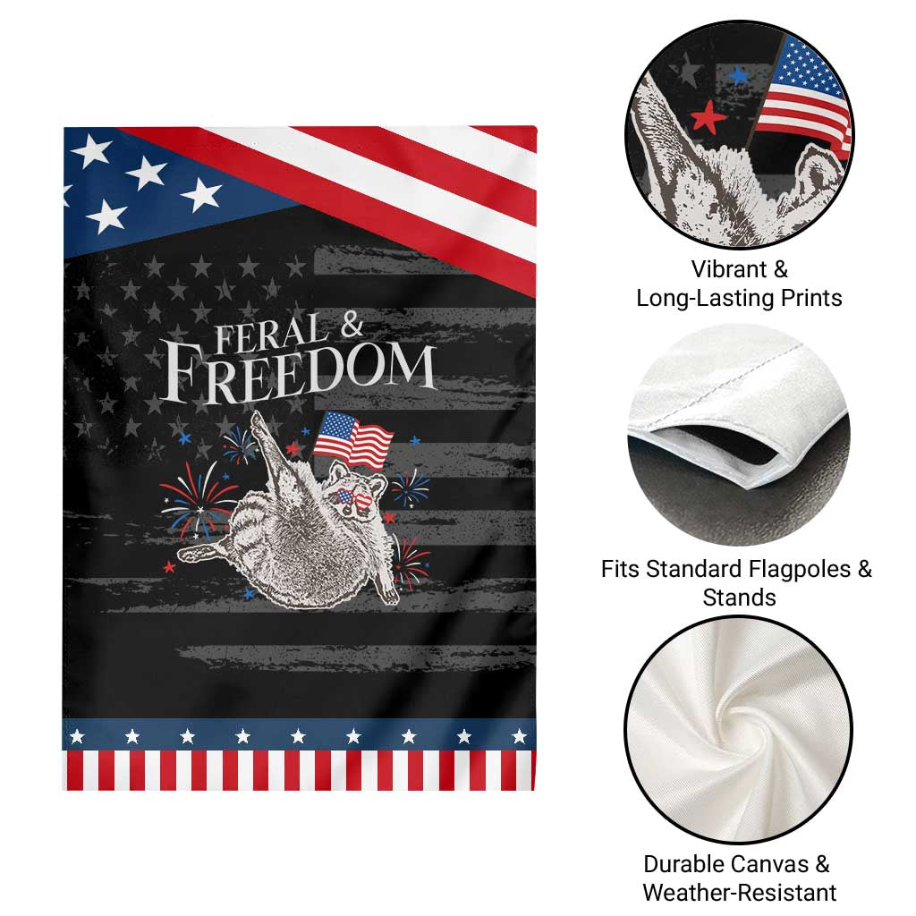 Funny Feral And Free Garden Flag 4th of July Patriotic Raccoon With American Flag