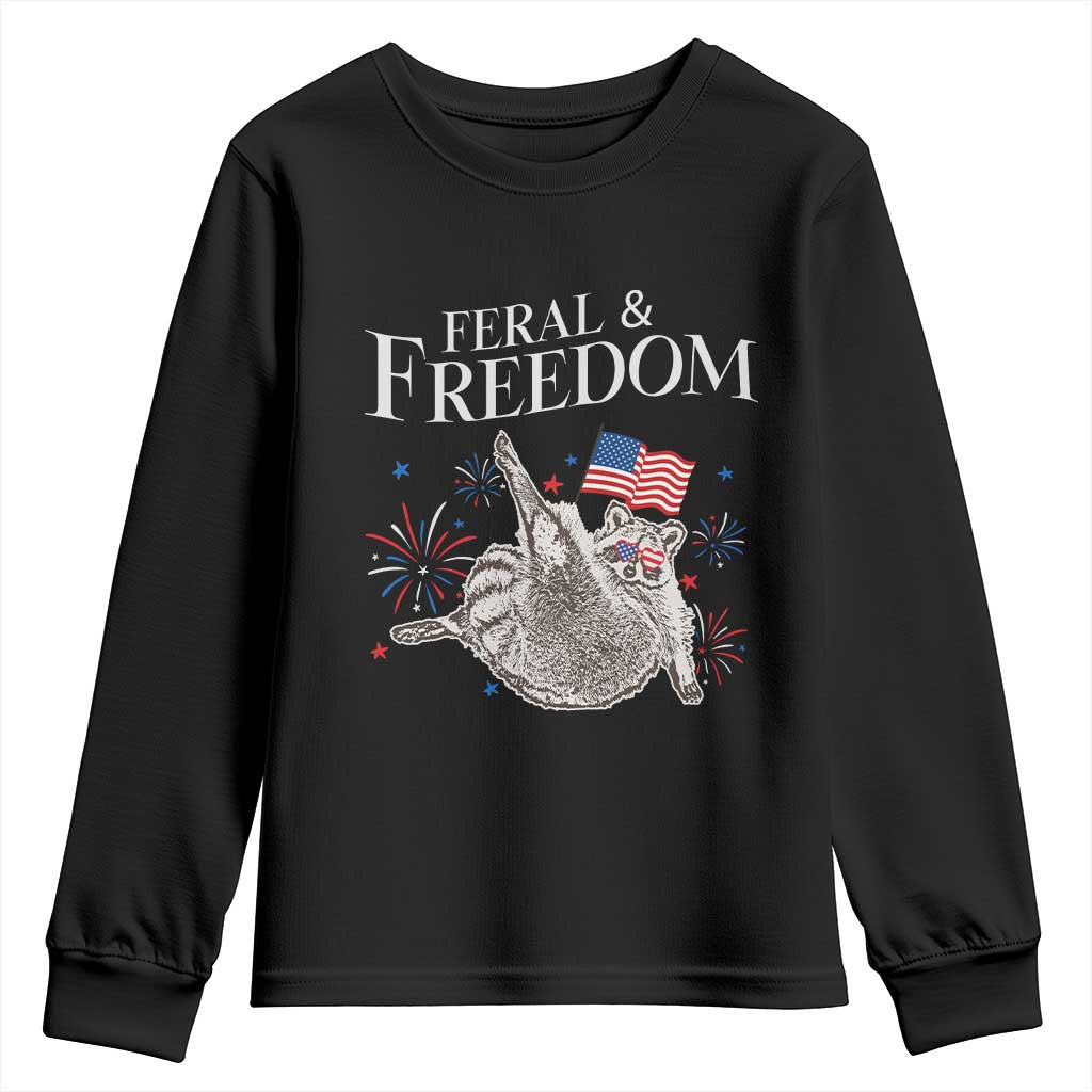 Funny Feral And Free Youth Sweatshirt 4th of July Patriotic Raccoon With American Flag - Wonder Print Shop