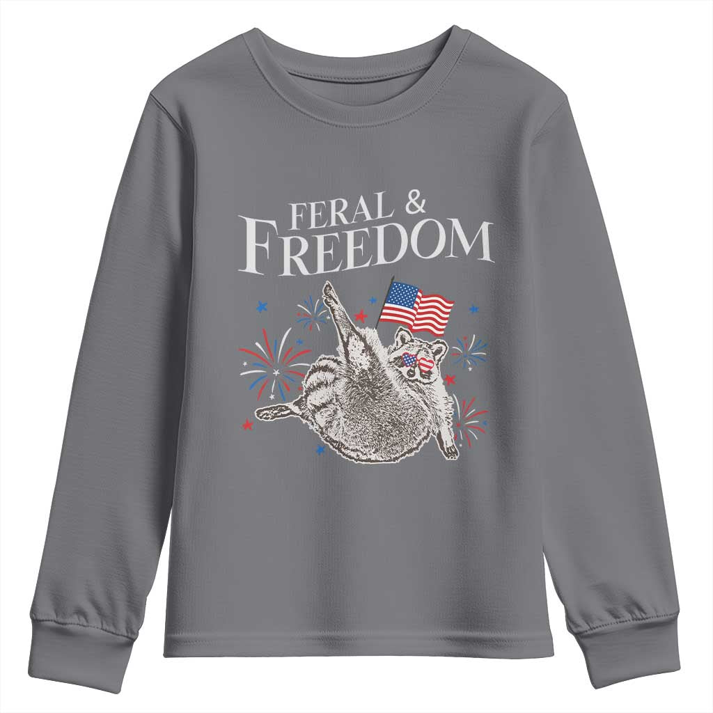 Funny Feral And Free Youth Sweatshirt 4th of July Patriotic Raccoon With American Flag - Wonder Print Shop