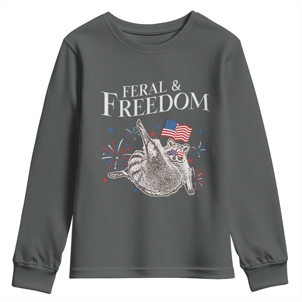 Funny Feral And Free Youth Sweatshirt 4th of July Patriotic Raccoon With American Flag - Wonder Print Shop