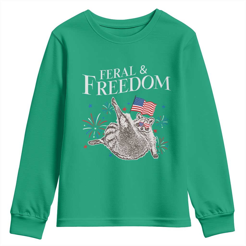 Funny Feral And Free Youth Sweatshirt 4th of July Patriotic Raccoon With American Flag - Wonder Print Shop