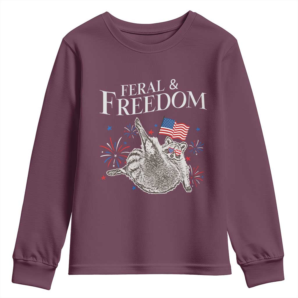 Funny Feral And Free Youth Sweatshirt 4th of July Patriotic Raccoon With American Flag - Wonder Print Shop