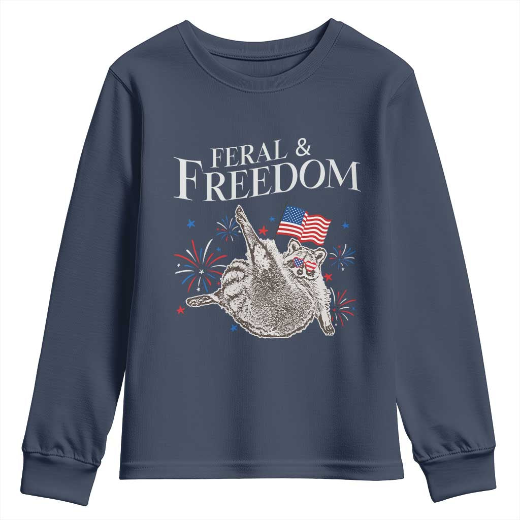 Funny Feral And Free Youth Sweatshirt 4th of July Patriotic Raccoon With American Flag - Wonder Print Shop