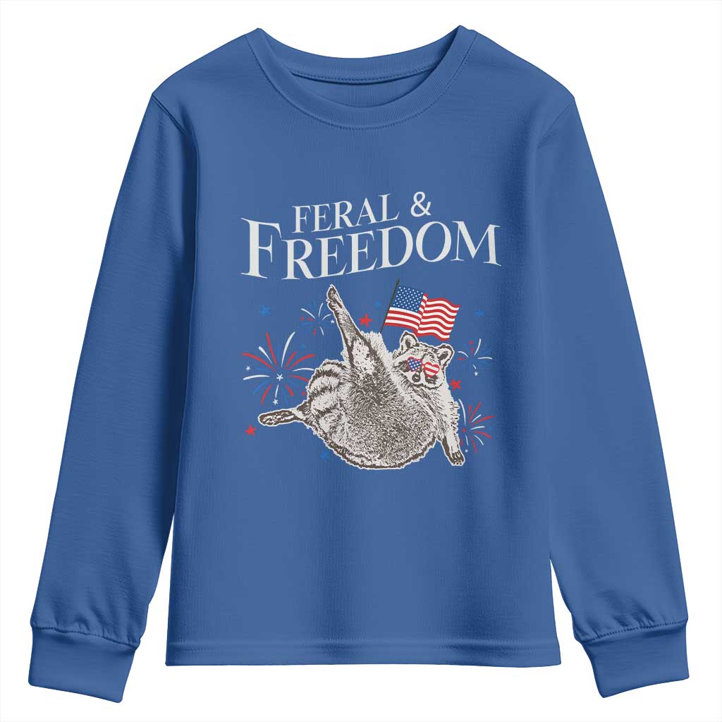 Funny Feral And Free Youth Sweatshirt 4th of July Patriotic Raccoon With American Flag - Wonder Print Shop