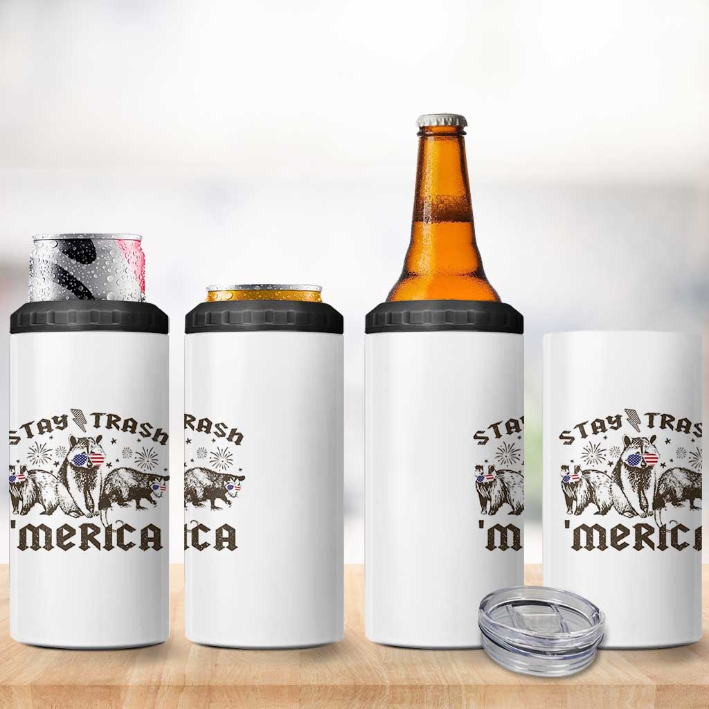 Funny Stay Trash Merica 4 in 1 Can Cooler Tumbler 4th Of July Racoon Opossum Badger - Wonder Print Shop