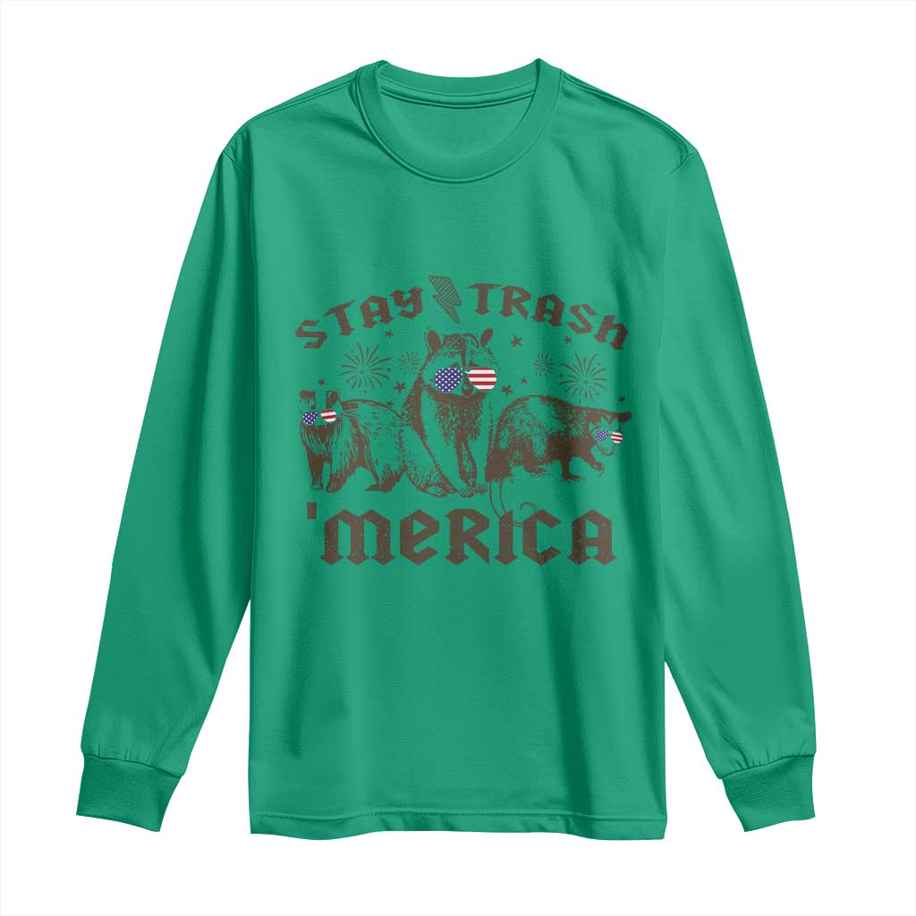 Funny Stay Trash Merica Long Sleeve Shirt 4th Of July Racoon Opossum Badger - Wonder Print Shop