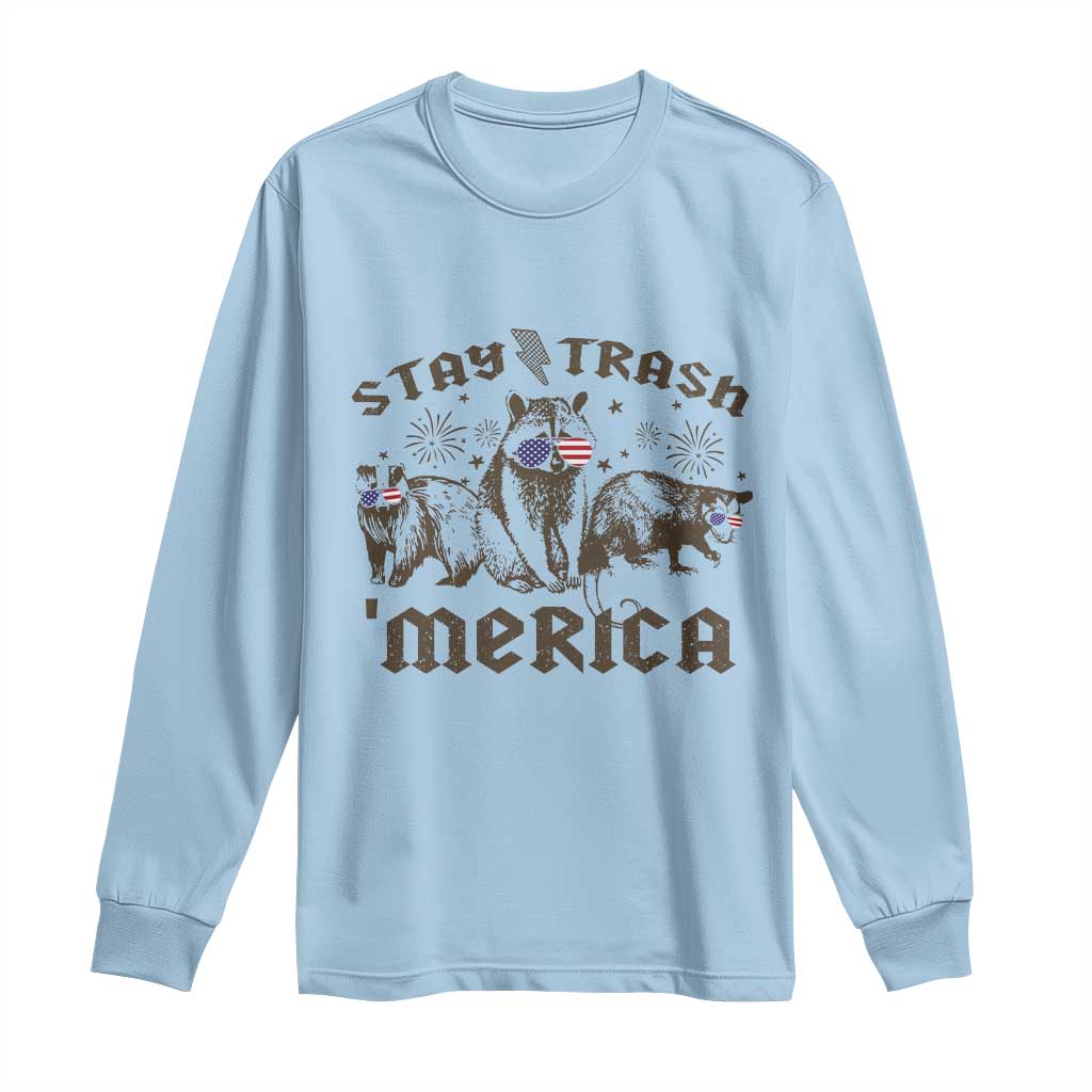 Funny Stay Trash Merica Long Sleeve Shirt 4th Of July Racoon Opossum Badger - Wonder Print Shop