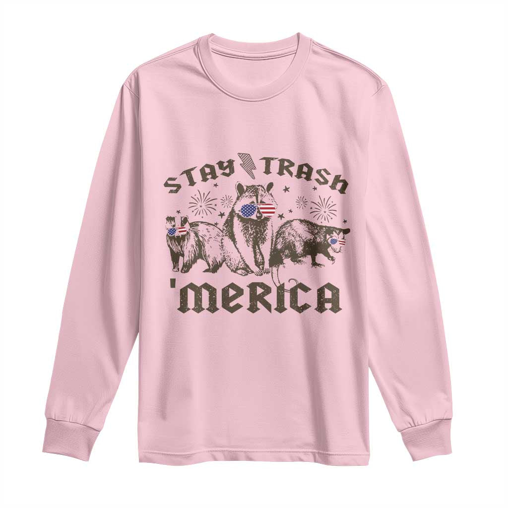 Funny Stay Trash Merica Long Sleeve Shirt 4th Of July Racoon Opossum Badger - Wonder Print Shop