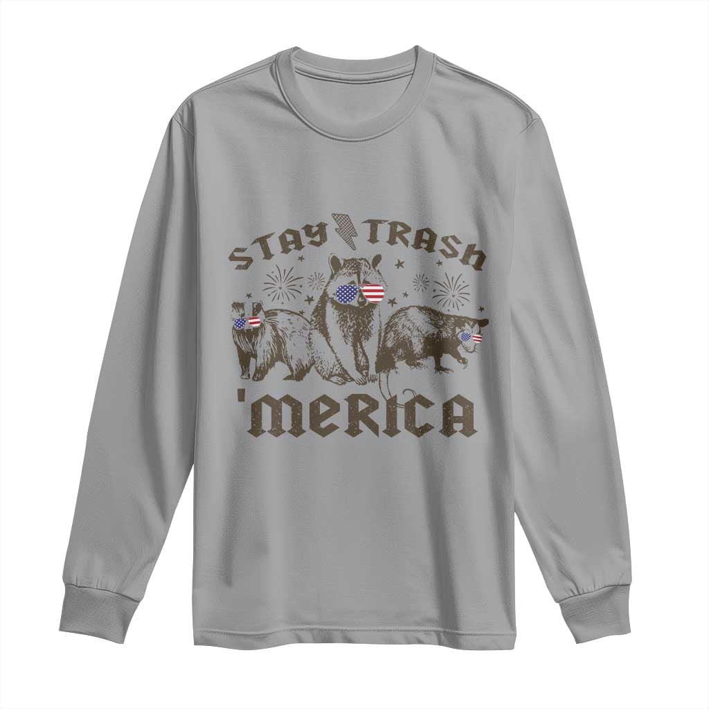 Funny Stay Trash Merica Long Sleeve Shirt 4th Of July Racoon Opossum Badger - Wonder Print Shop