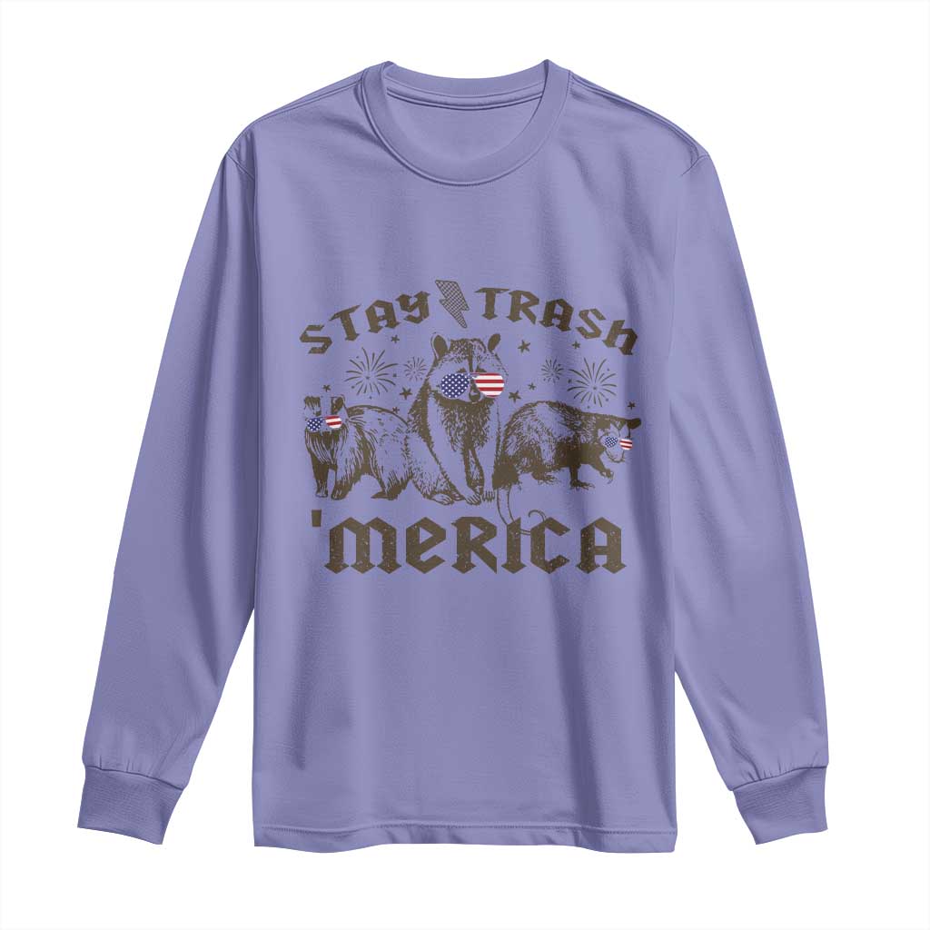 Funny Stay Trash Merica Long Sleeve Shirt 4th Of July Racoon Opossum Badger - Wonder Print Shop