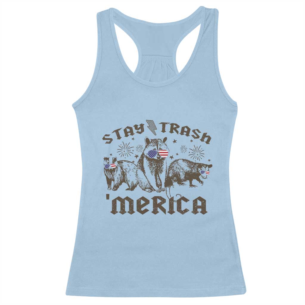 Funny Stay Trash Merica Racerback Tank Top 4th Of July Racoon Opossum Badger - Wonder Print Shop