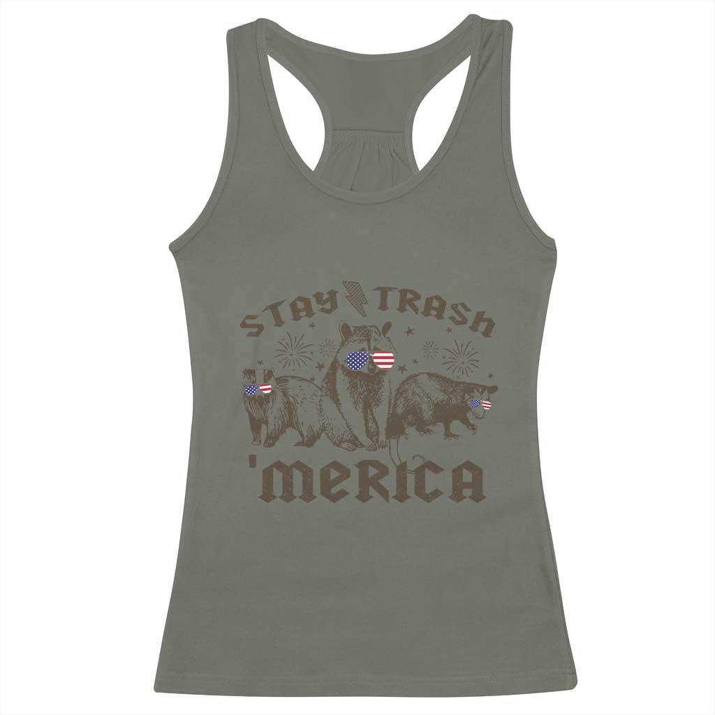 Funny Stay Trash Merica Racerback Tank Top 4th Of July Racoon Opossum Badger - Wonder Print Shop