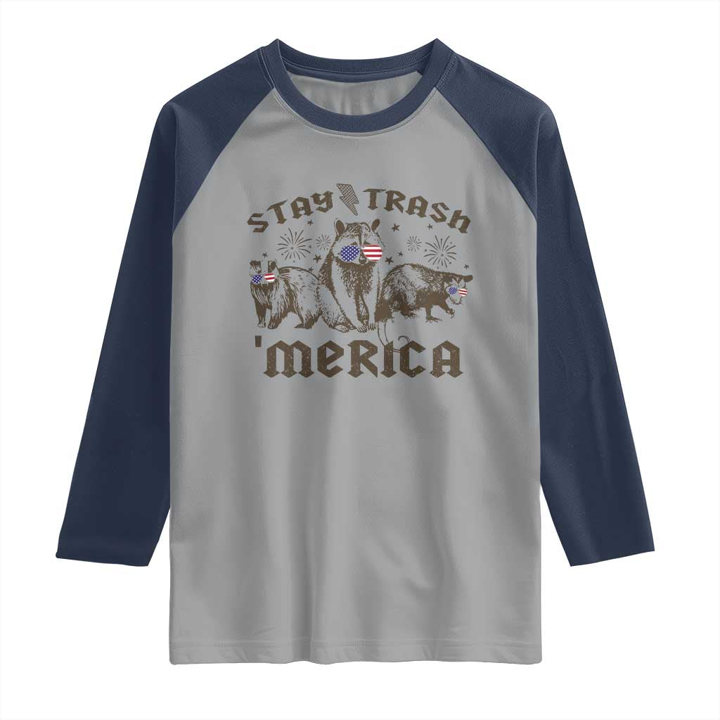 Funny Stay Trash Merica Raglan Shirt 4th Of July Racoon Opossum Badger - Wonder Print Shop