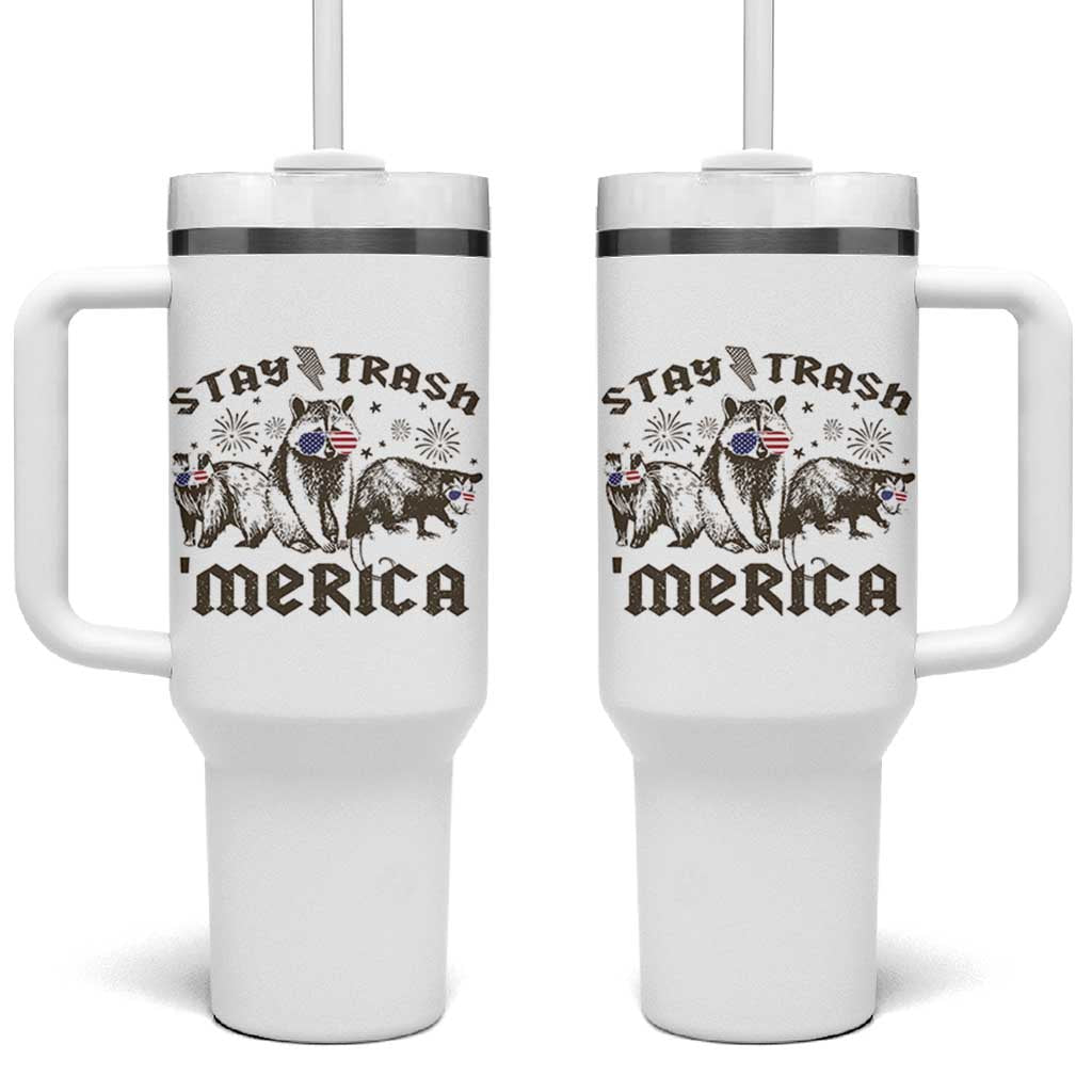 Funny Stay Trash Merica Tumbler With Handle 4th Of July Racoon Opossum Badger - Wonder Print Shop