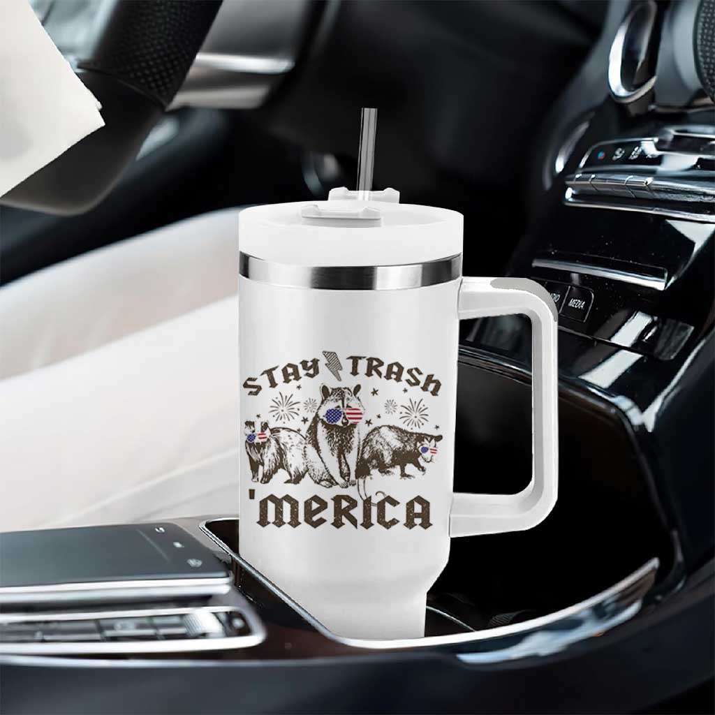 Funny Stay Trash Merica Tumbler With Handle 4th Of July Racoon Opossum Badger - Wonder Print Shop