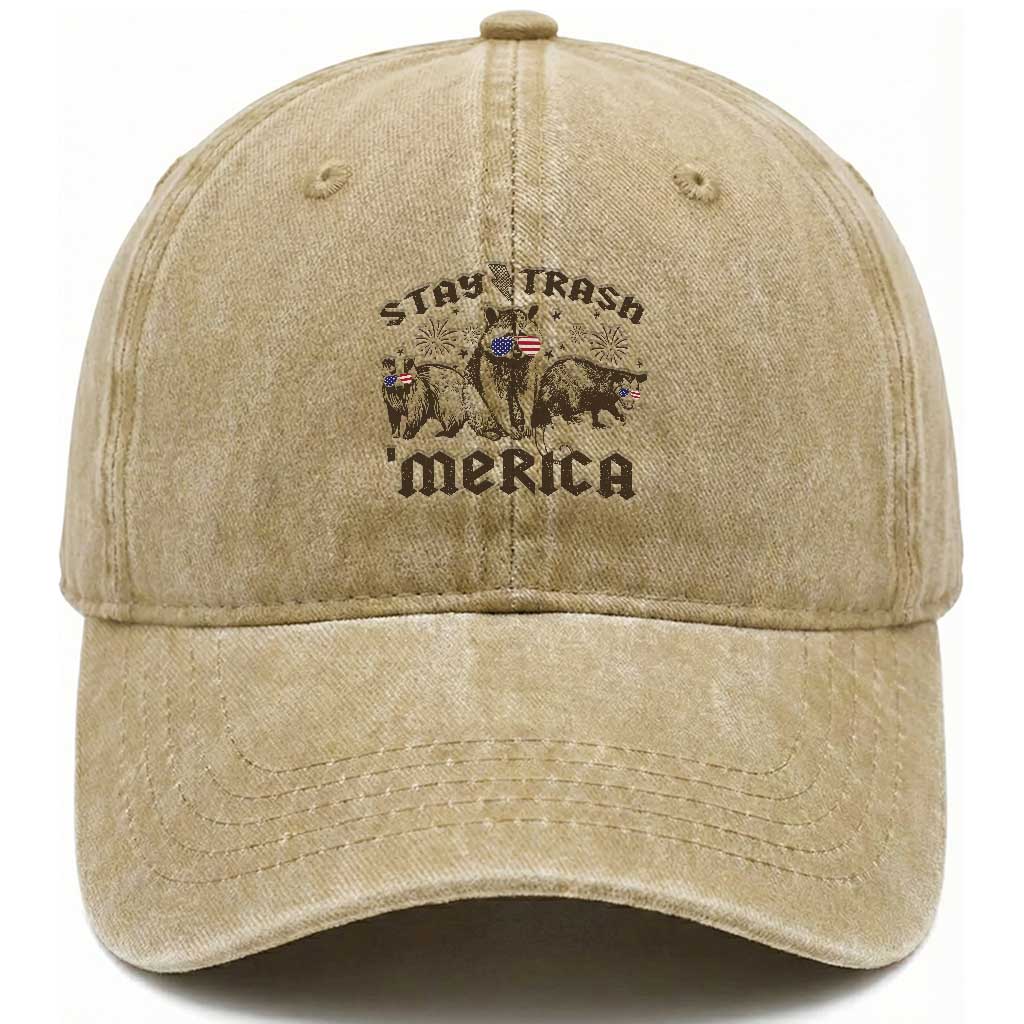 Funny Stay Trash Merica Washed Cotton Baseball Cap 4th Of July Racoon Opossum Badger