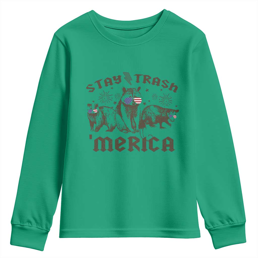 Funny Stay Trash Merica Youth Sweatshirt 4th Of July Racoon Opossum Badger - Wonder Print Shop