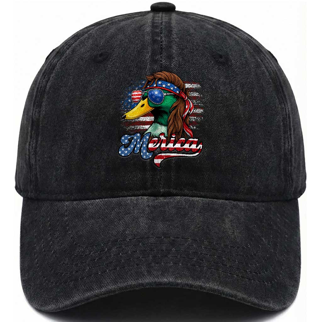 Funny Duck Merica Washed Cotton Baseball Cap 4th Of July American Flag Patriotic Hunting