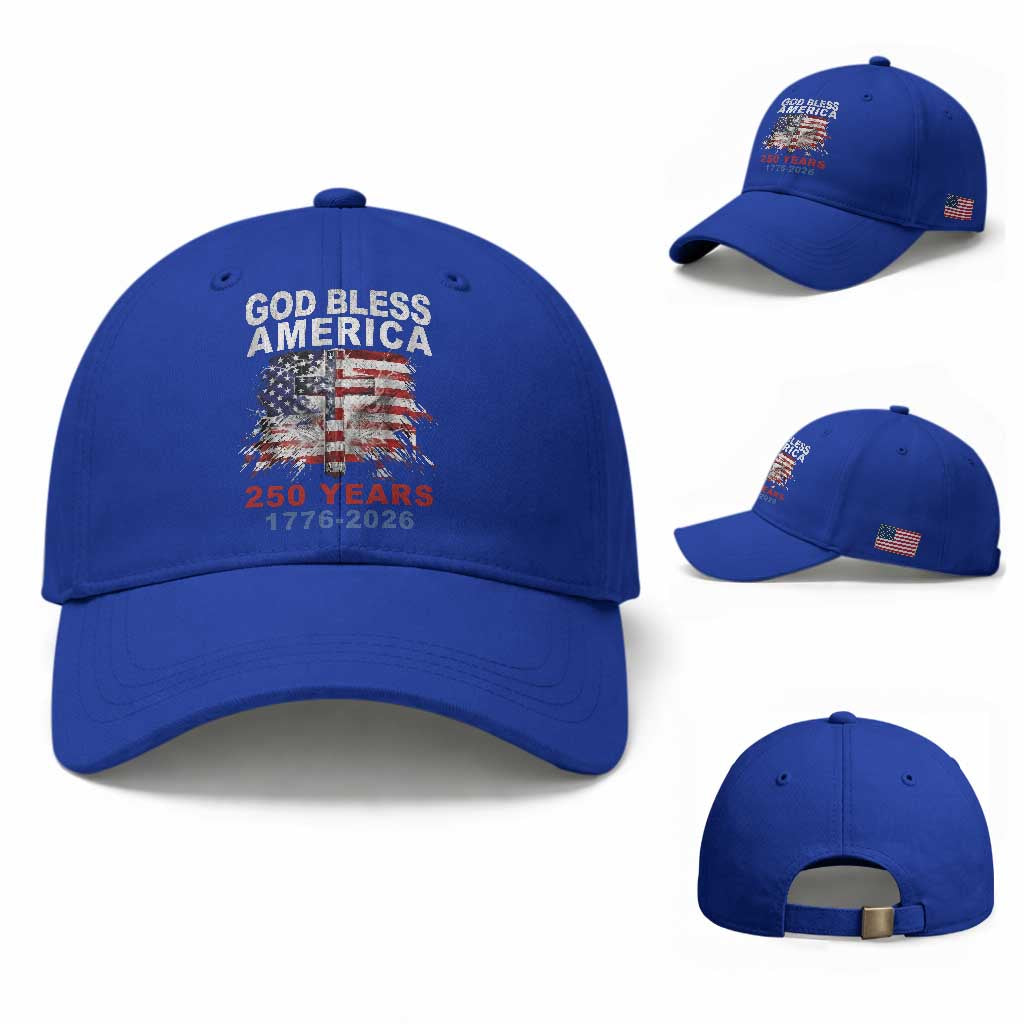 God Bless America 250 Years 1776 2026 Baseball Cap Christian Cross Eagle American Flag