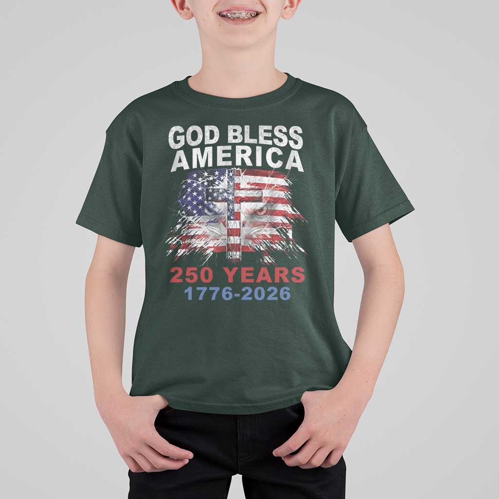 God Bless America 250 Years 1776 2026 T Shirt For Kid Christian Cross Eagle American Flag