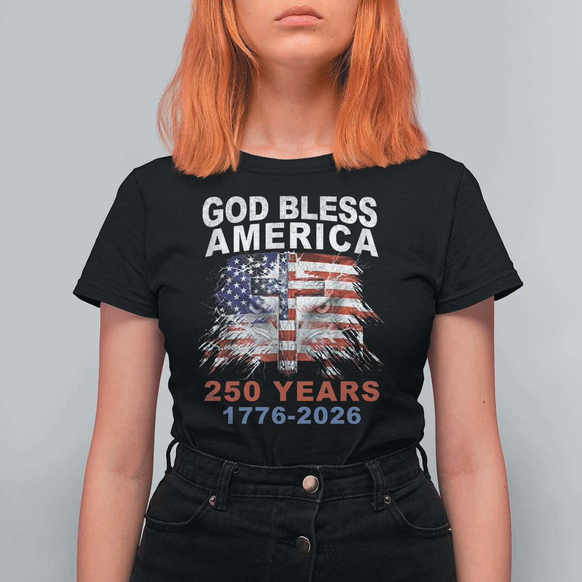 God Bless America 250 Years 1776 2026 T Shirt For Women Christian Cross Eagle American Flag
