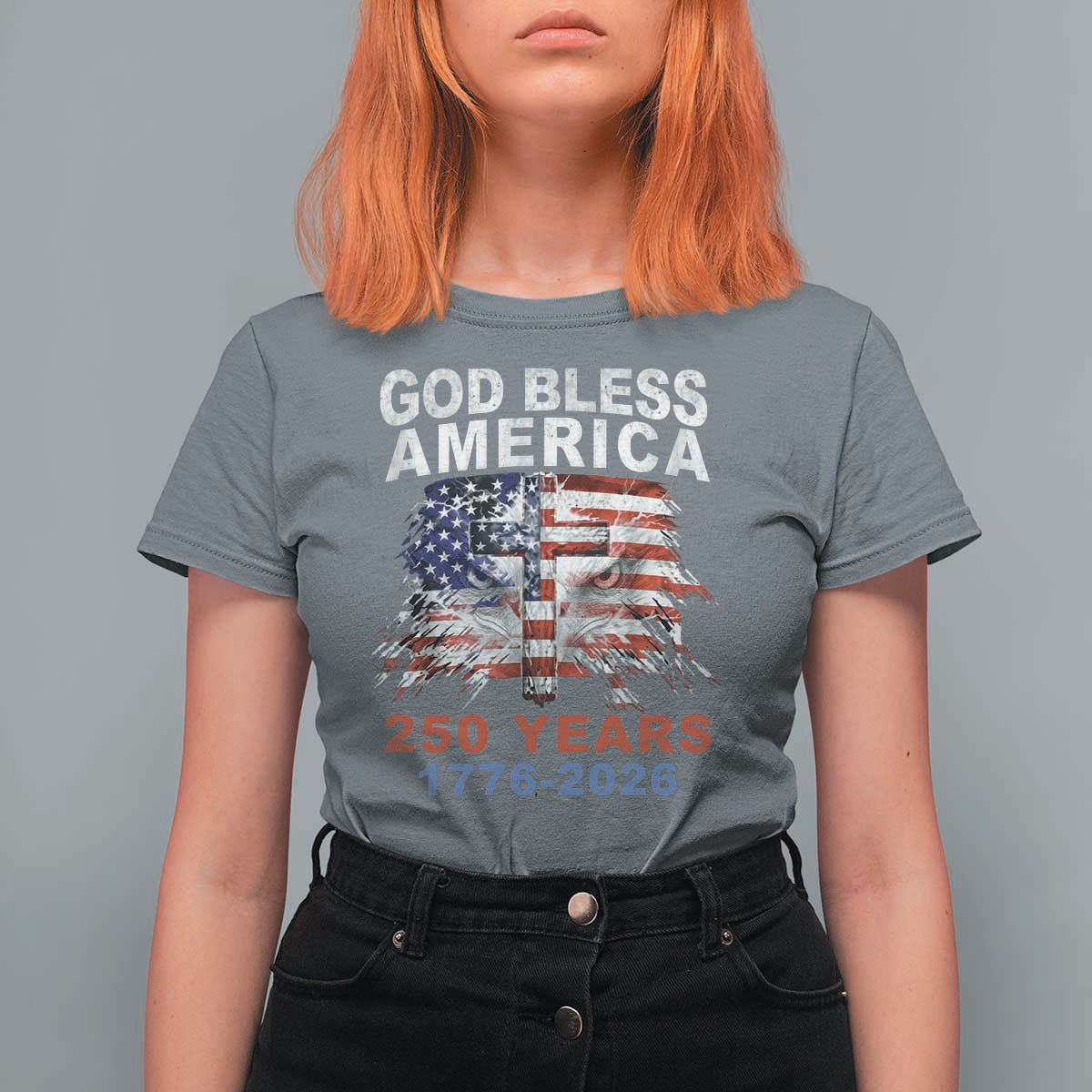 God Bless America 250 Years 1776 2026 T Shirt For Women Christian Cross Eagle American Flag