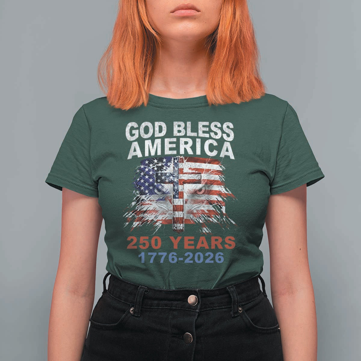 God Bless America 250 Years 1776 2026 T Shirt For Women Christian Cross Eagle American Flag