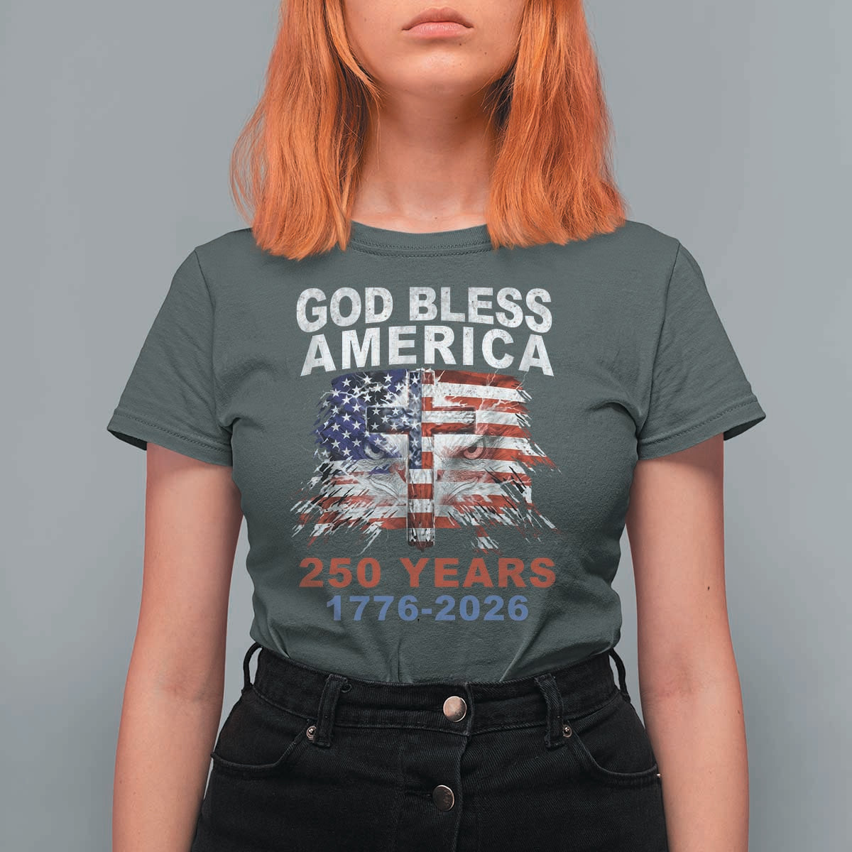 God Bless America 250 Years 1776 2026 T Shirt For Women Christian Cross Eagle American Flag