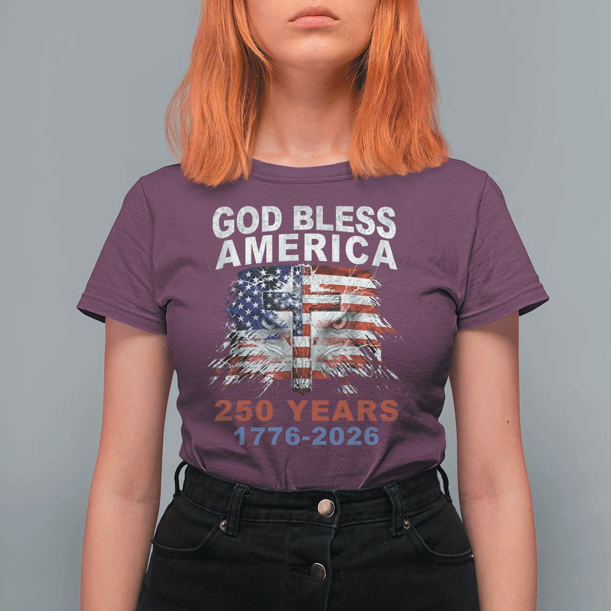 God Bless America 250 Years 1776 2026 T Shirt For Women Christian Cross Eagle American Flag