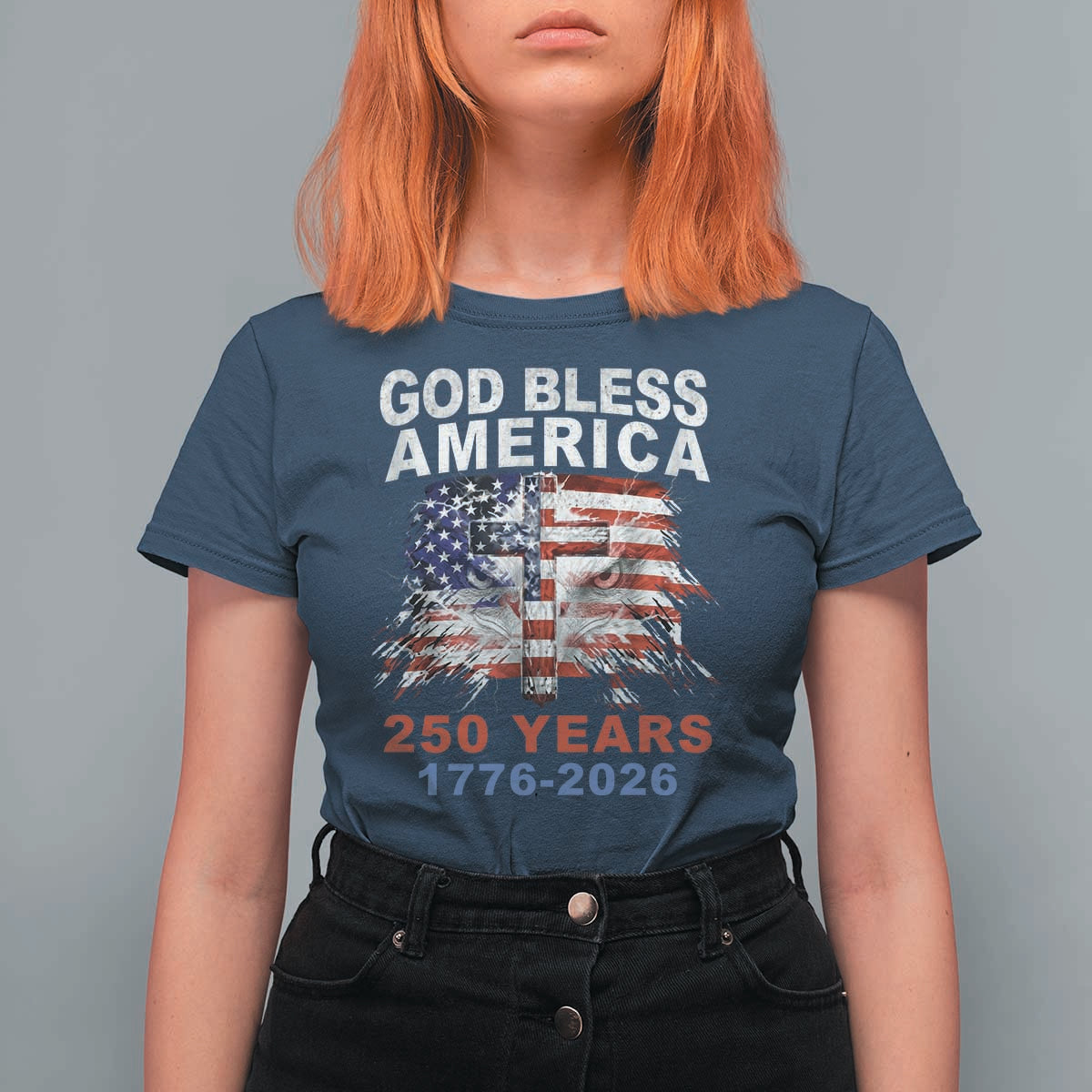 God Bless America 250 Years 1776 2026 T Shirt For Women Christian Cross Eagle American Flag