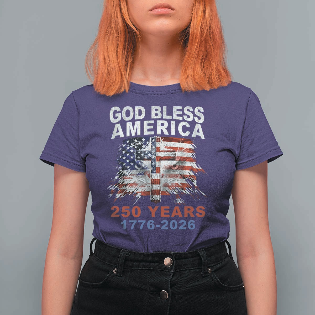 God Bless America 250 Years 1776 2026 T Shirt For Women Christian Cross Eagle American Flag