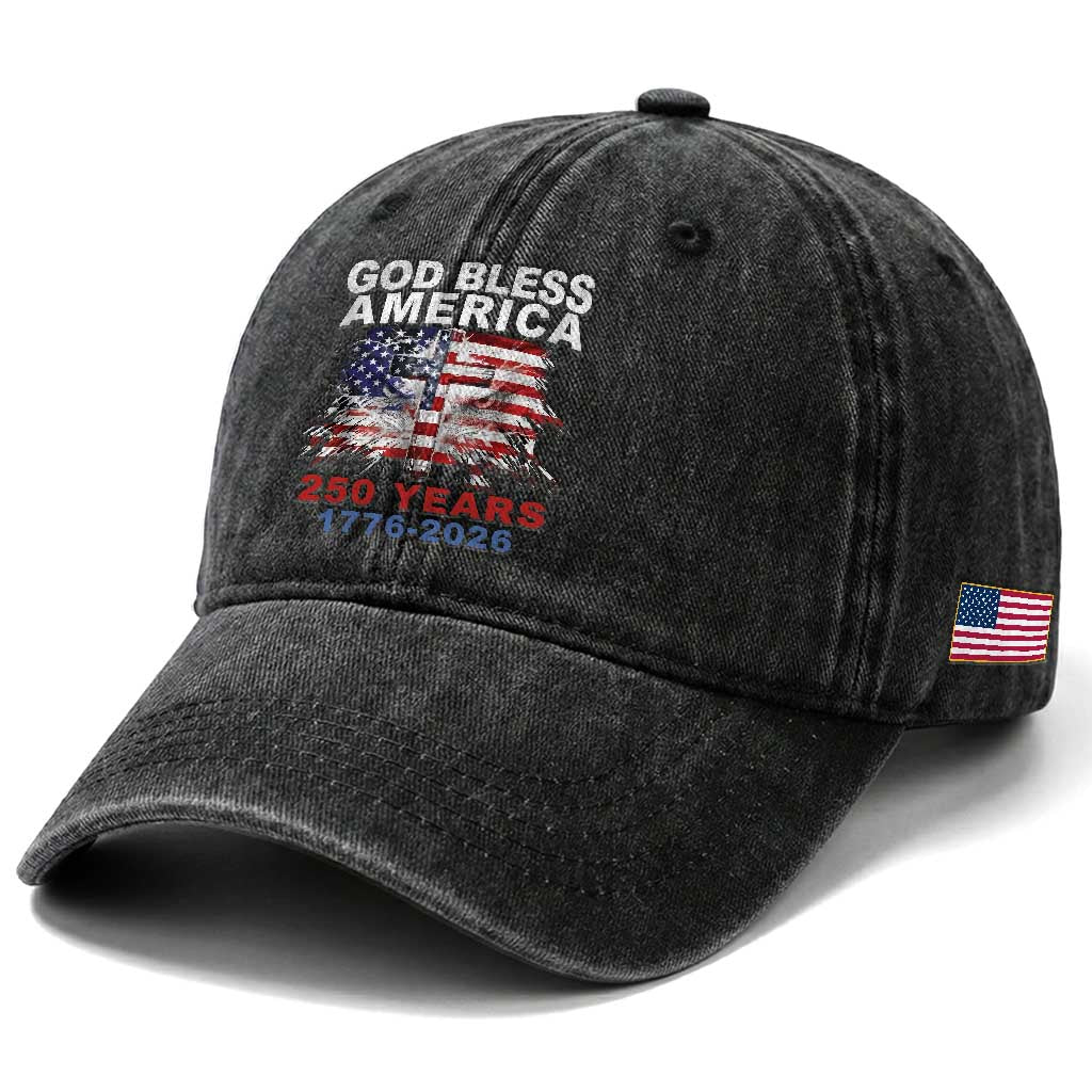 God Bless America 250 Years 1776 2026 Washed Cotton Baseball Cap Christian Cross Eagle American Flag