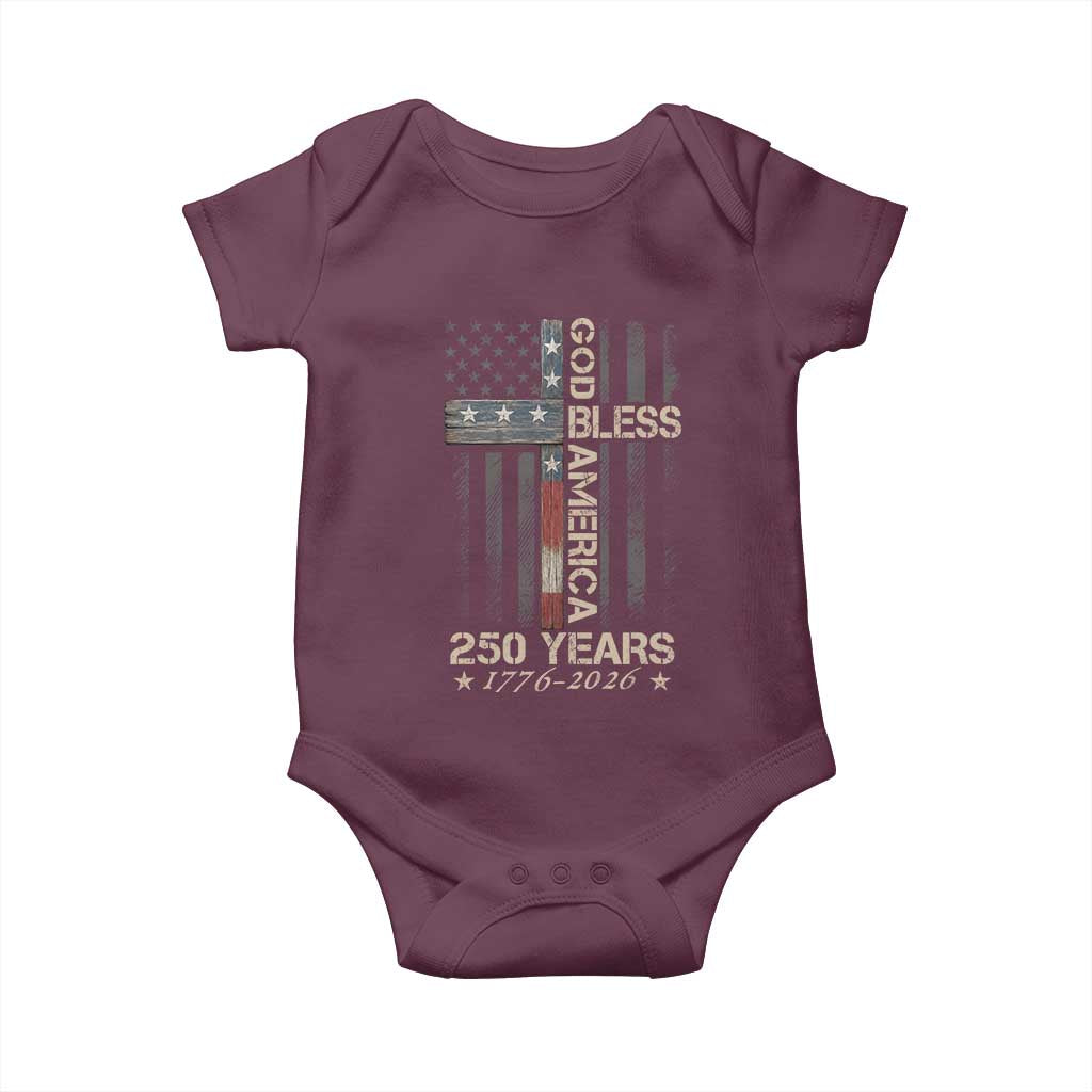 God Bless America 250 Years 1776 2026 Baby Onesie Christian Cross American Flag