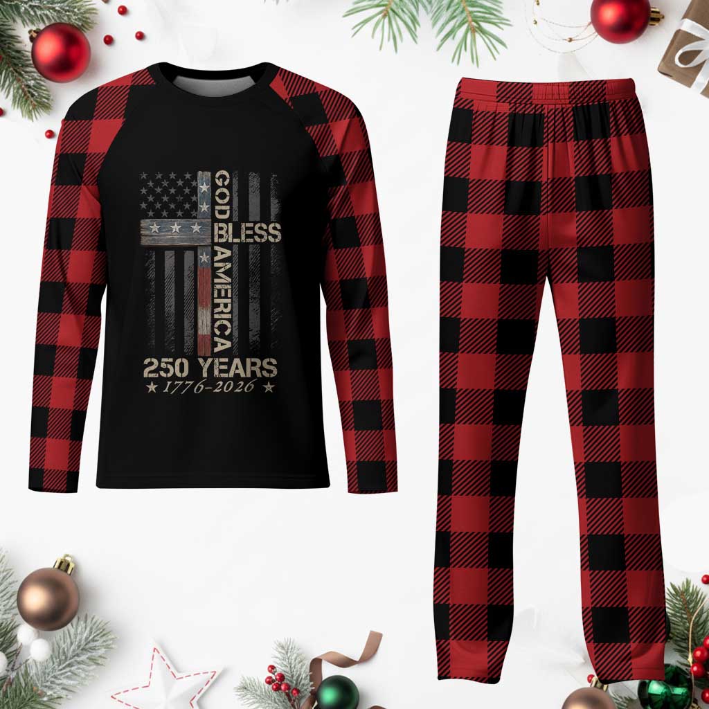 God Bless America 250 Years 1776 2026 Plaid Pajama Set Christian Cross American Flag