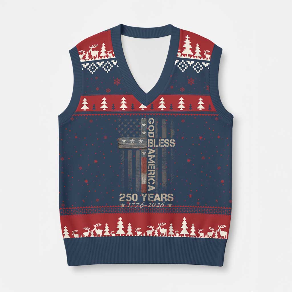 God Bless America 250 Years 1776 2026 V-Neck Knit Sweater Vest Christian Cross American Flag