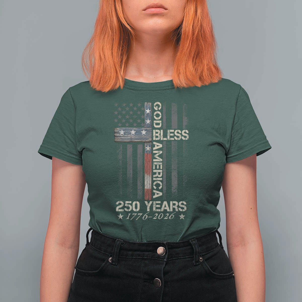 God Bless America 250 Years 1776 2026 T Shirt For Women Christian Cross American Flag
