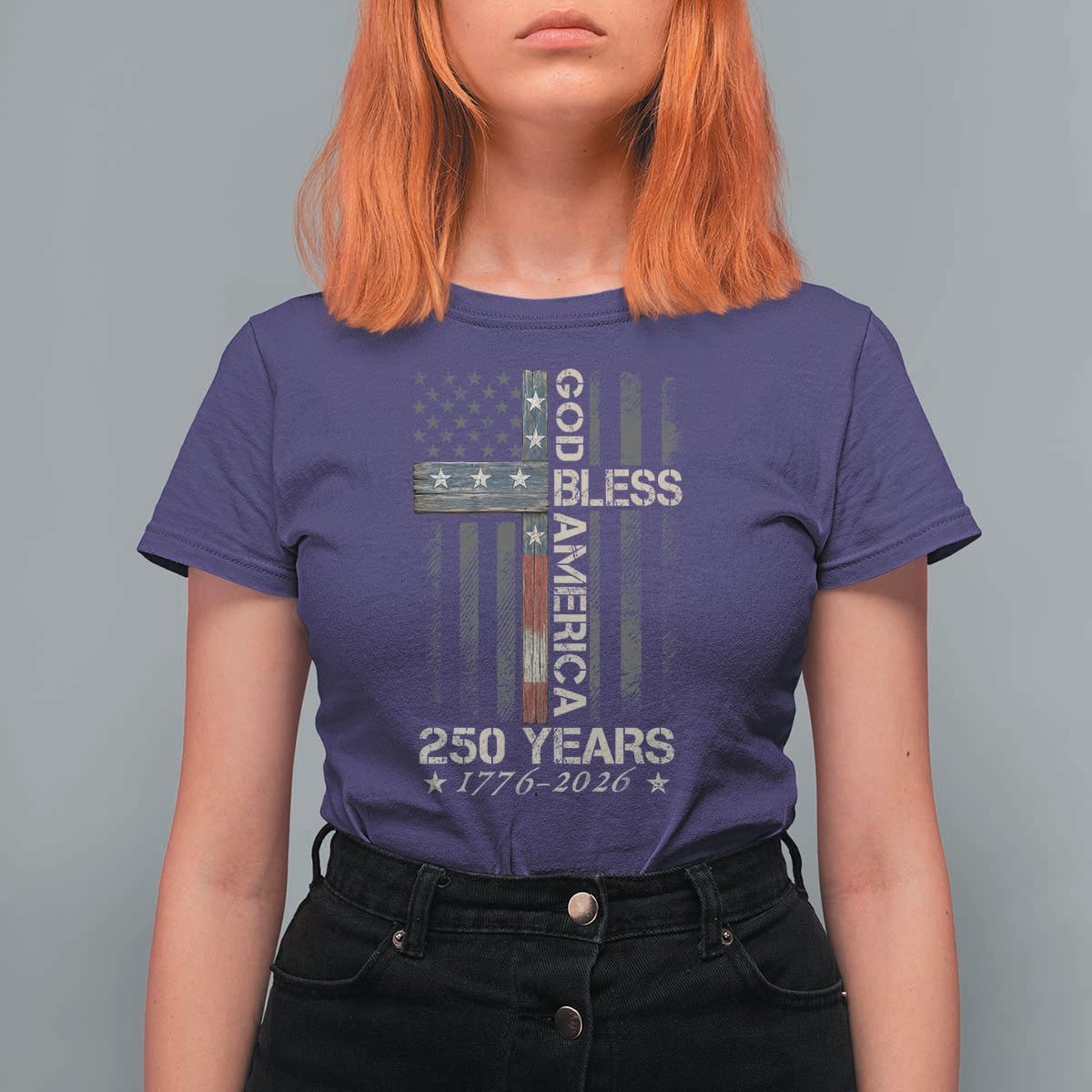 God Bless America 250 Years 1776 2026 T Shirt For Women Christian Cross American Flag