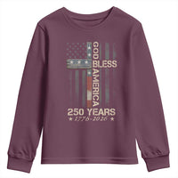 God Bless America 250 Years 1776 2026 Youth Sweatshirt Christian Cross American Flag