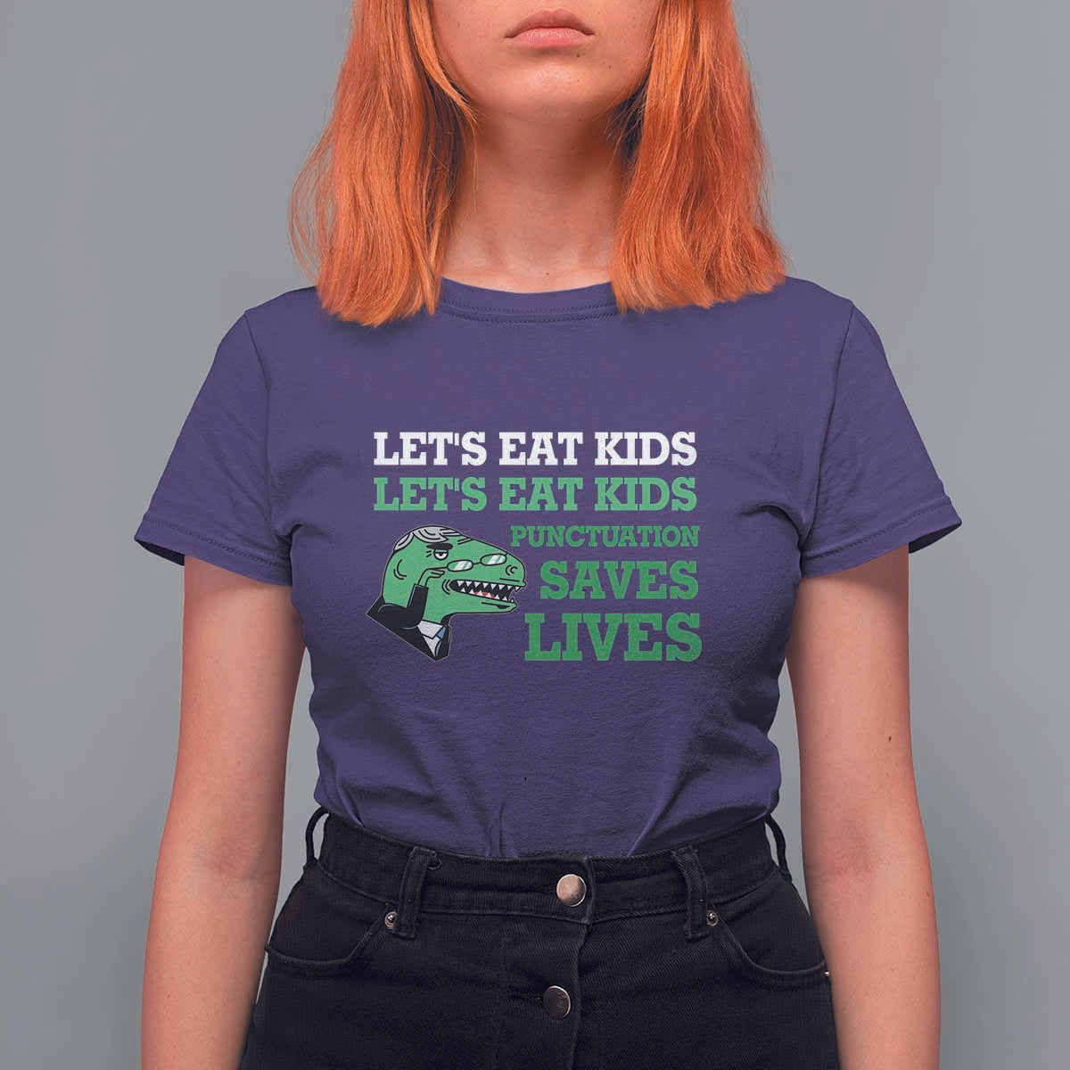 Funny Teacher T Shirt For Women Let's Eat Kids Punctuation Saves Lives Dinosaur - Wonder Print Shop