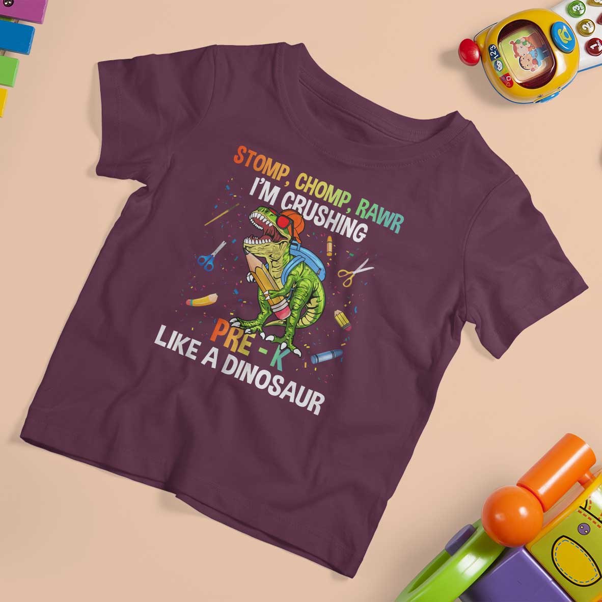 Back To School T Shirt For Kid Stomp Chomp Rawr I'm Crushing Pre-K Like A Dinosaur - Wonder Print Shop
