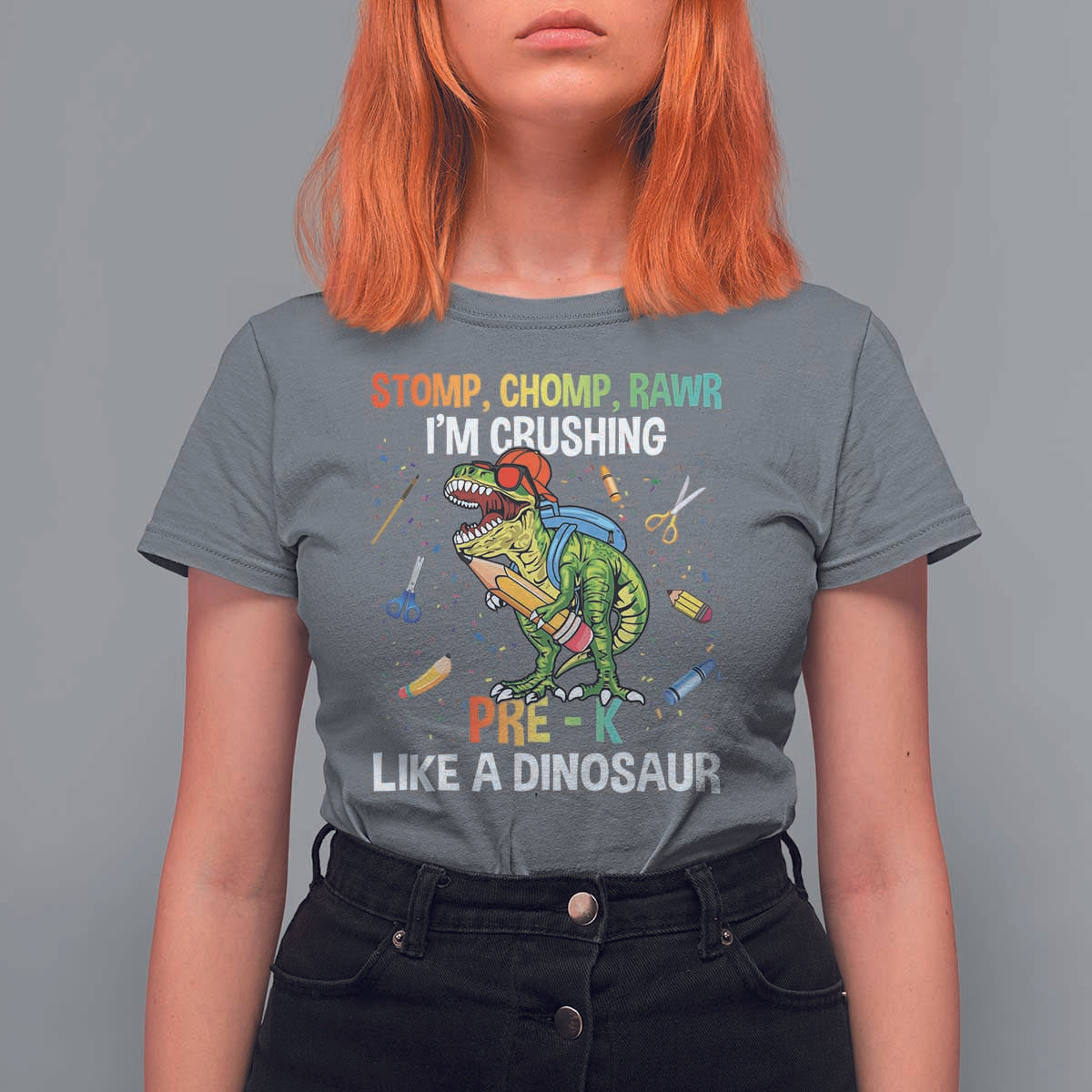 Back To School T Shirt For Women Stomp Chomp Rawr I'm Crushing Pre-K Like A Dinosaur - Wonder Print Shop