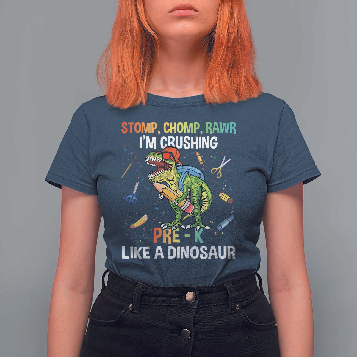Back To School T Shirt For Women Stomp Chomp Rawr I'm Crushing Pre-K Like A Dinosaur - Wonder Print Shop