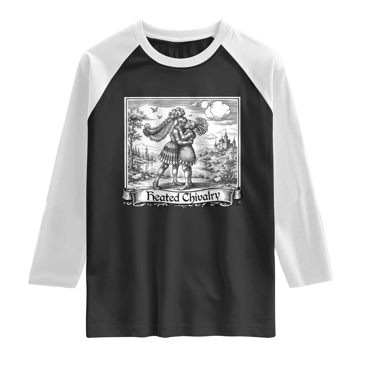 Heated Chivalry Medieval Knights Kissing LGBT Pride Raglan Shirt