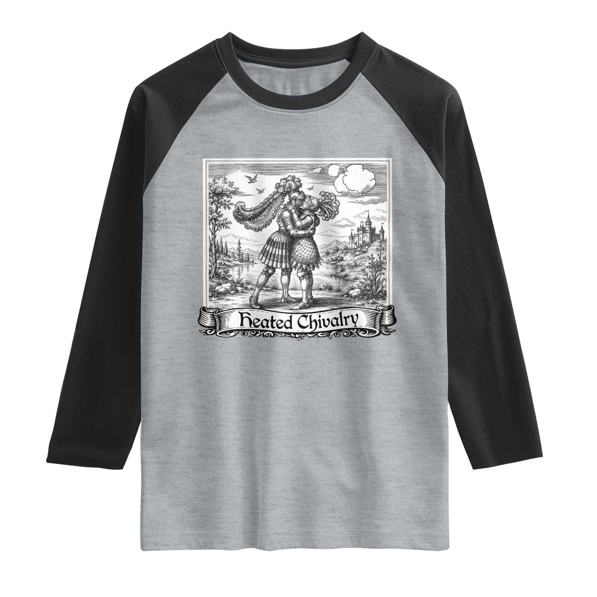 Heated Chivalry Medieval Knights Kissing LGBT Pride Raglan Shirt